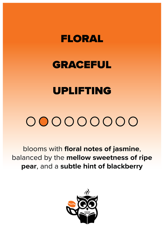 Product description card with 'Floral', 'Graceful', 'Uplifting' text and an owl logo on an orange and white background.