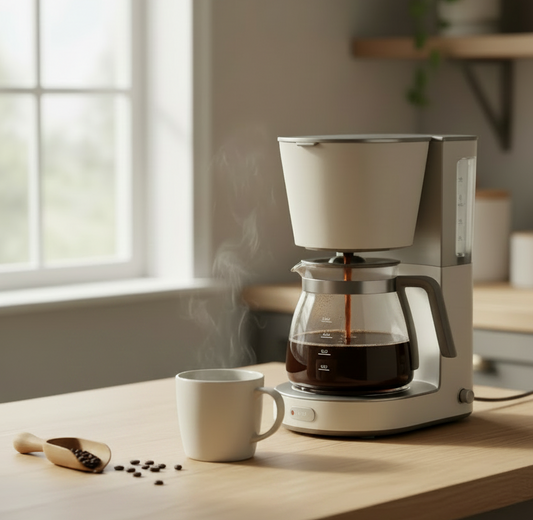 Automatic Drip Coffee Machine next to a mug of hot coffee and freshly roasted beans
