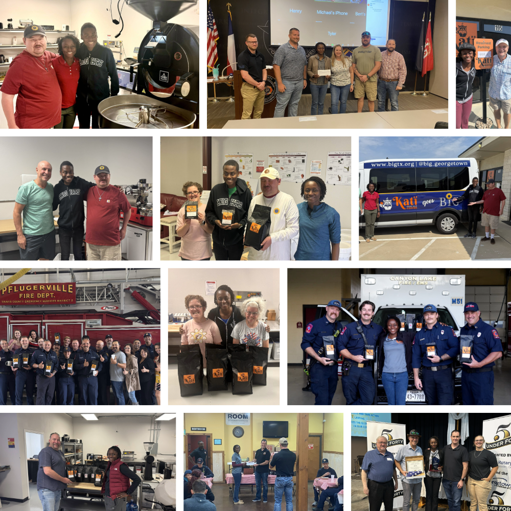 Katï Coffee founder engaging with community partners (fire departments, local organizations, and adults with special needs) across Central Texas.