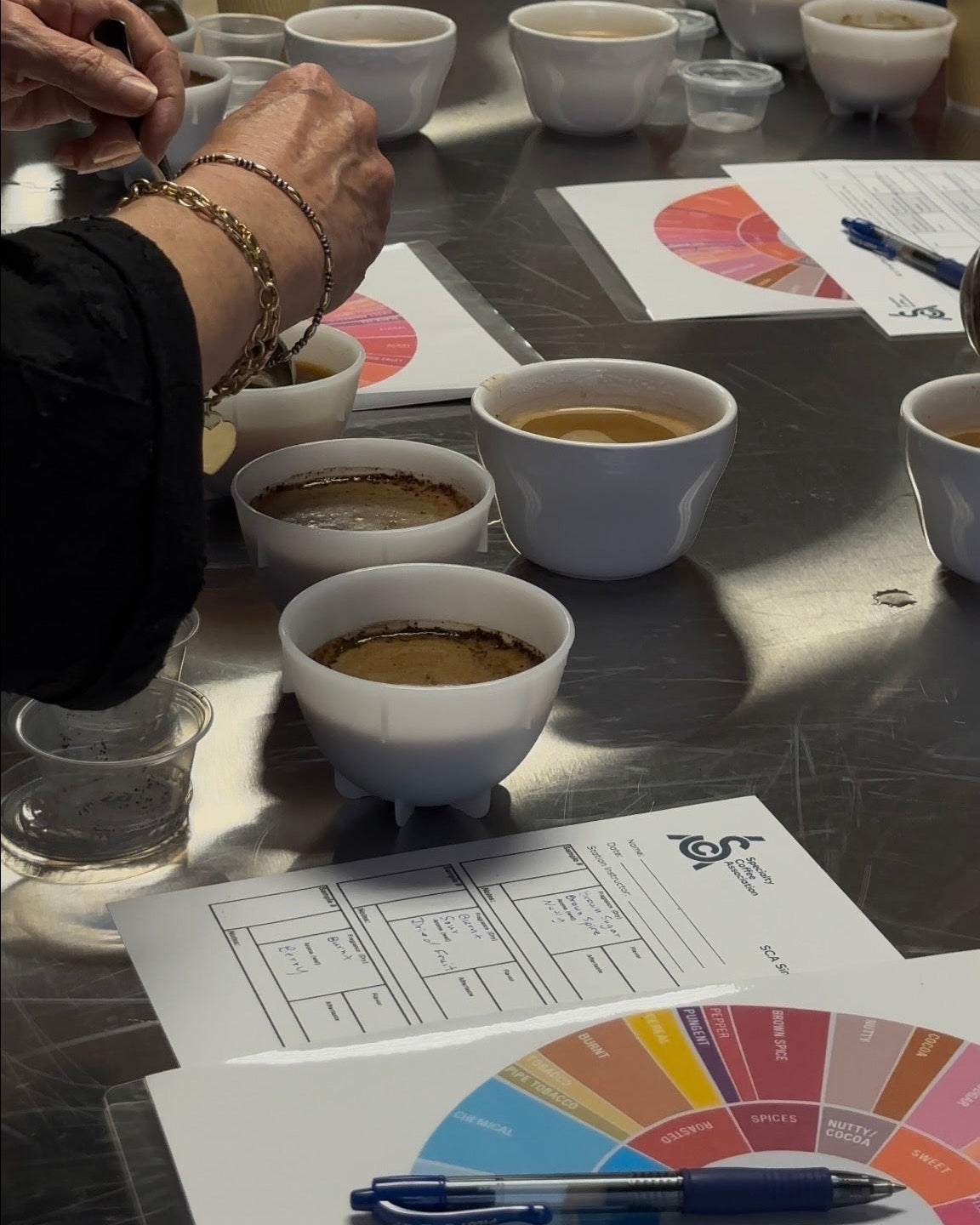 Small-group coffee cupping at the Katï Coffee roastery, with guests tasting multiple coffees and discussing flavor together.