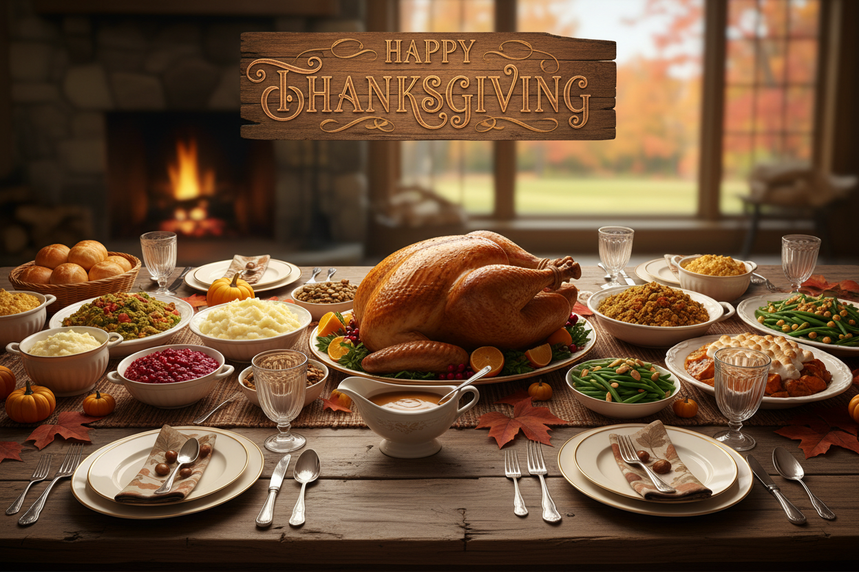 instead of gourds and leaves, set the table with a thanksgiving dinner